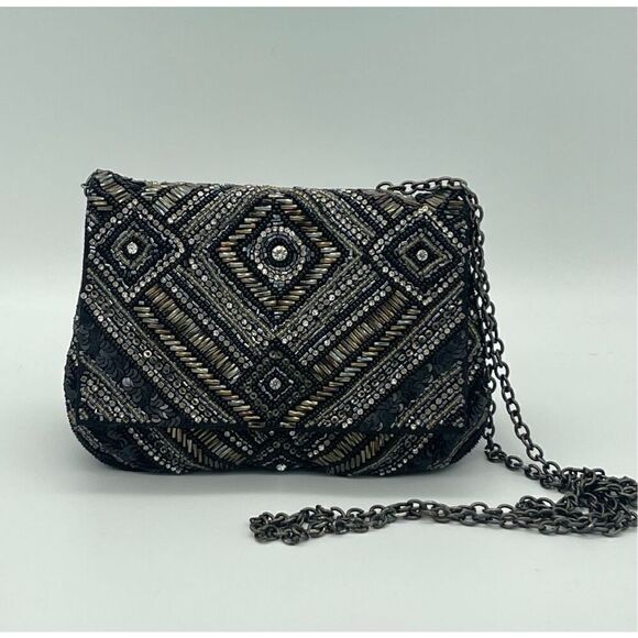 Deepa Gurnani Womens Allover Beaded Crossbody Clutch Rhinestone Eveningwear Glam